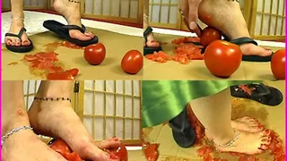 Lily squishes Tomatoes in Flip Flops and Barefoot