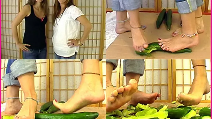 Aloha and Barbara smash Cucumbers with their Bare Feet