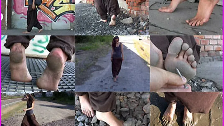 Barefoot Hippie Girl Susi tests her Soles in the Deserted Railyard