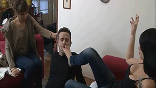 Foot face slapping and worship by two pretty Mistress