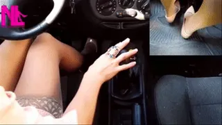 Sensual driving in nude Gianvito Rossi's pumps and handjobbing my car's gear stick