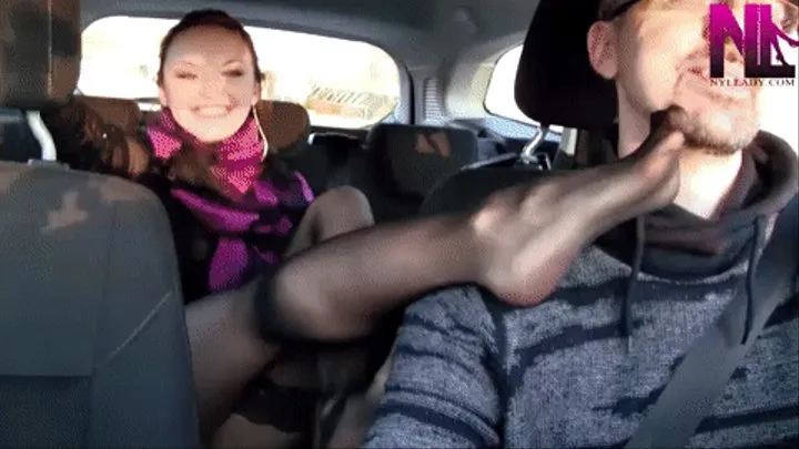 Sexy seducing my man with my hosed feet in his mouth in the car NOT