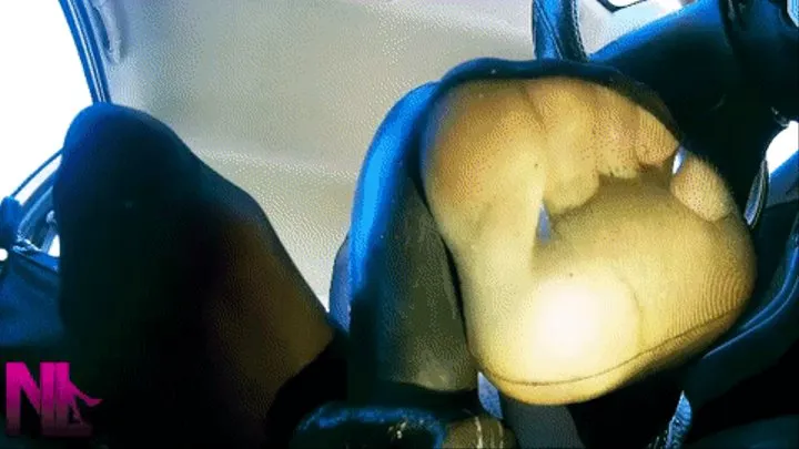 Light stroking my car's gear stick in sheer toeless black pantyhose