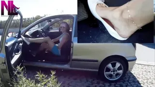 Hot revving and handjob to gear barefoot in white flats NOT