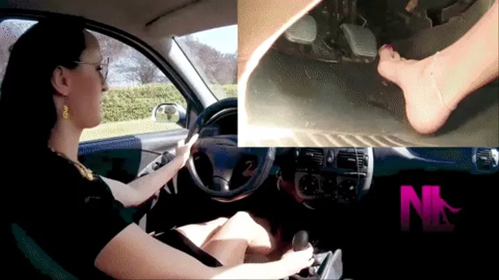 Sexy driving and pedal pumping with my bare feet and handjob to gear stick