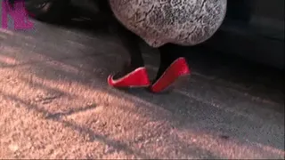 Freaking brake failure in black patterned pantyhose and red patent flats RETRO'