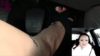 Sensual driving barefeet in black crossed buckled pumps