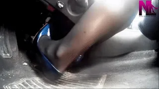 Sexy riding in my car in black pantyhose and blue patent Buffalo pumps