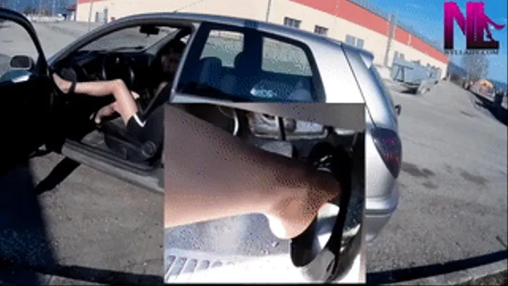 Nasty revving in black patent dirty flats and nude pantyhose tube exhaust view