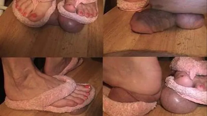 Mashed Cock and Balls under Kellys house slippers!