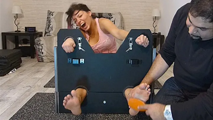 THE ULTRA TICKLISH DANCER SALLY GETS HYSTERICAL IN THE STOCKS : BARE FEET TICKLING