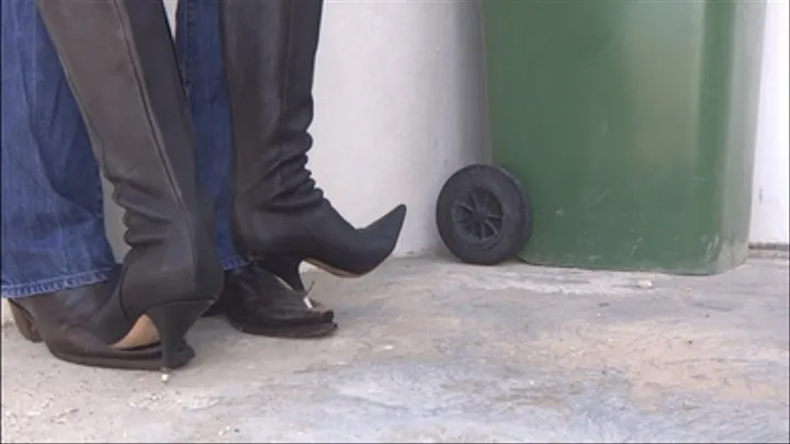 Cowboy Boots And Badly Scuffed By Angry Woman Standing On His Feet With Sharp High Heels