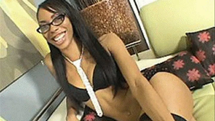 Geeky black chick handles large cock before posing for cum shower - low