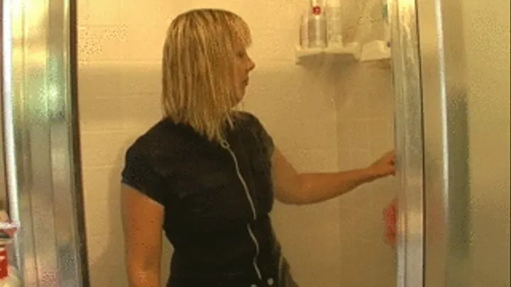 n439 Hotwife Rebecca Enjoys Taking A Shower In Her Black Dress (wet Look)