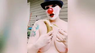 Topless Busty Clown Backyard Banana Deep Throat Tease