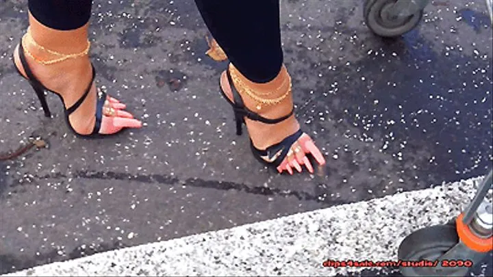 Shopping In Long Pastel Nails And Black Leather Sandals