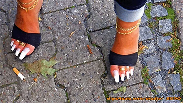 Shopping In Black Wooden Mules And Long French Style Toe Nails