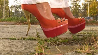 Orange Plateau Buffalo Pumps Walking With Crooked Heels