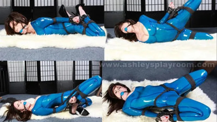 BUSTY BRUNETTE BOUND IN LATEX - Big Titted Ashley Renee is Bound & Gagged in her Sheer Blue Latex Catsuit