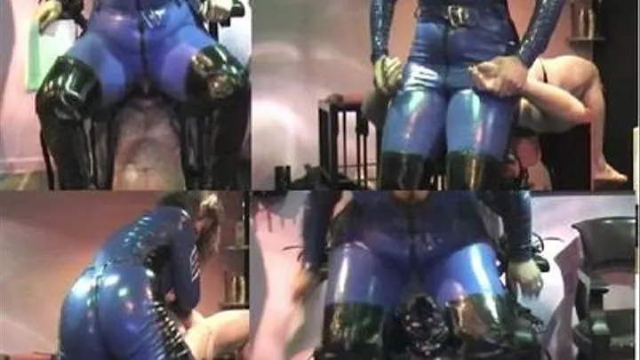 Strong Powerful Amazon Mistress Roug'e Part Two: Blue Vinyl Catsuit Bottom Smother.