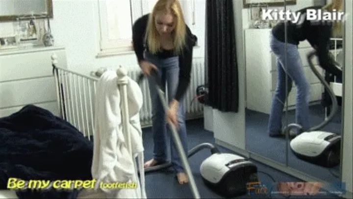 Kitty Blair barefoot in jeans bedroom vacuuming