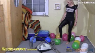 Lady Sabrina barefoot ballon popping and vacuuming