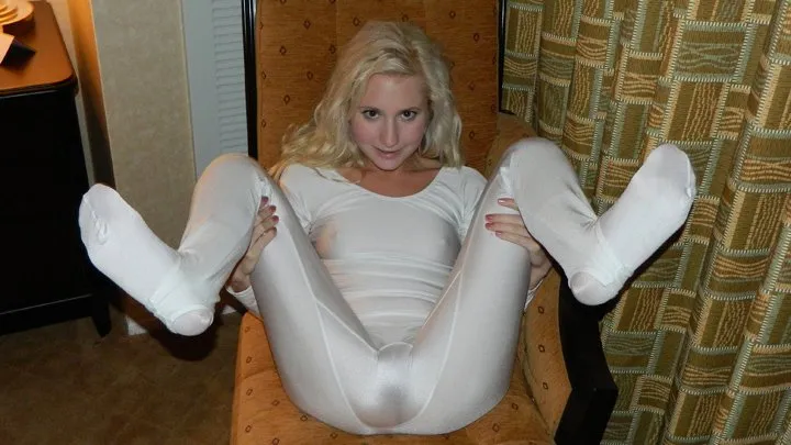 Odette Delacroix White Super Shiny Spandex Unitard and Socks with Sweet Angel Jerk Off Encouragement!