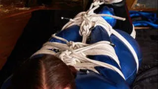 Jade, Hogtied in Blue Spandex Catsuit