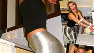 Holly Beau Silver Spandex Disco Jeans tied in Kitchen