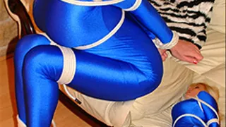 Michelle Thorne Tied & Gagged in Blue Spandex Catsuit.