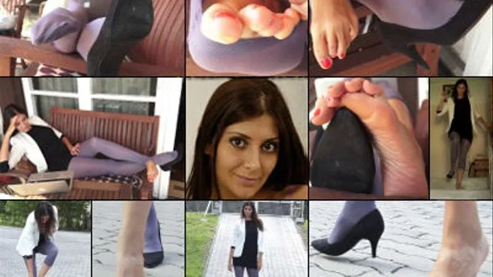 Norah One Shoe Model's Cramped Foot, Ripped Hose and Bare Toe Show