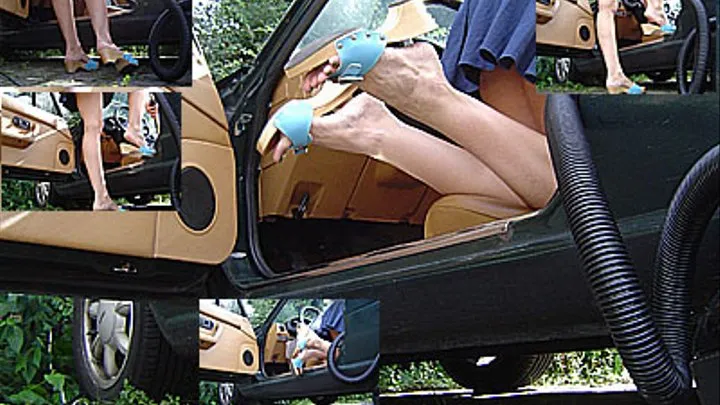 Vacuuming the car in wooden mules