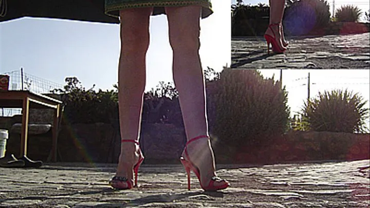 Walking in red sandals late in the afternoon