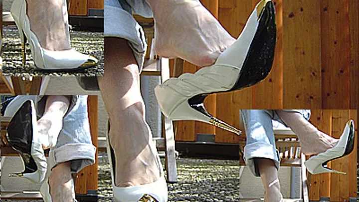 Dangling, Leg crossing Vintage Pumps, Jeans outdoors