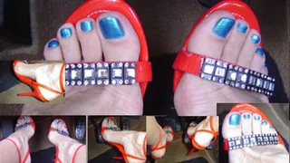 Pedal pumping red sandals/blue toes