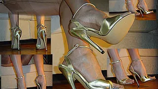 Golden 6 inch sandals and nylon stockings, leg crossing, relaxing