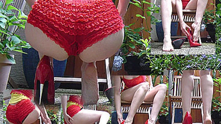 Red 6inch Spike Heels and red panty in the garden