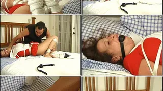 DW-11A-Cheerleader Tatiana Goldman gets Ballgagged, Sockgagged, Re-gagged, FEET TICKLED, Crotchroped, FEET TICKLED, And left Barefoot and H OGTIED!