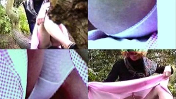 Christy out in the woods in white patterned knickers