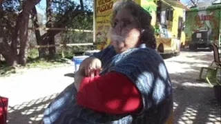 Extremely Fat Gal Smoking Out side dressed at the food park!