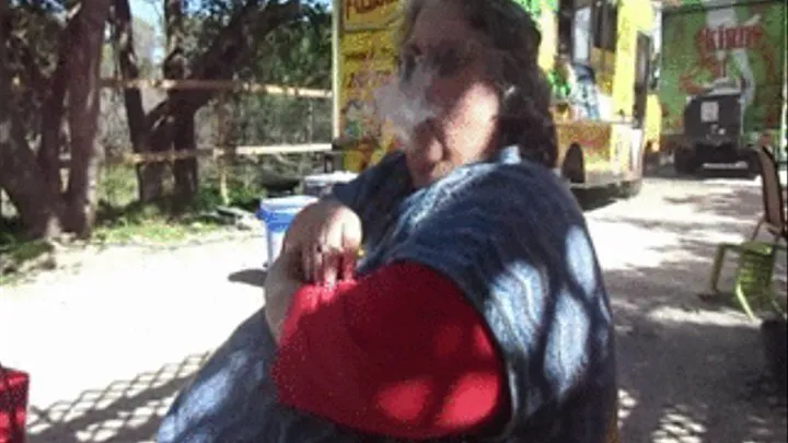 Extremely Fat Gal Smoking Out side dressed at the food park! divx