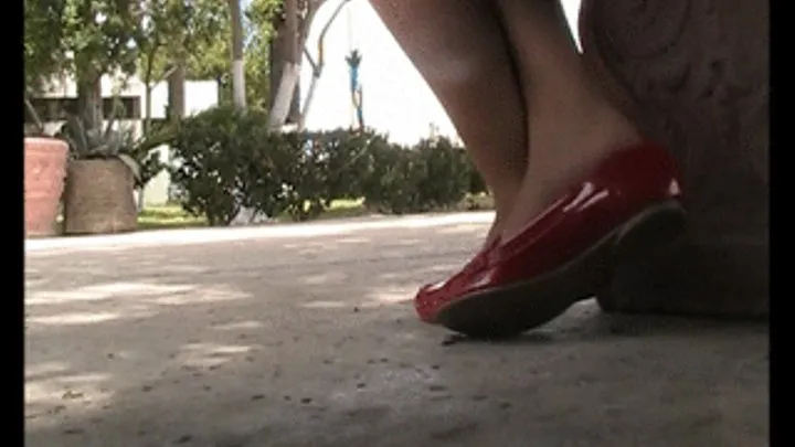 New red patent loafers & nylons @ park bench ~ short