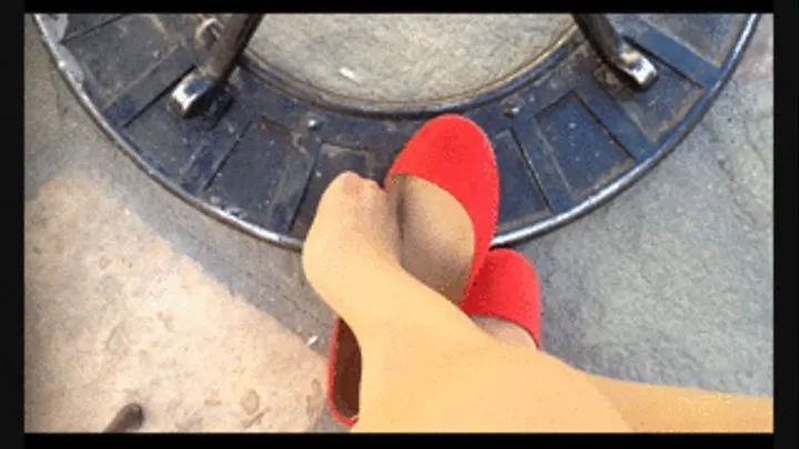 Red flats & nylons ~ shoe playing under the table