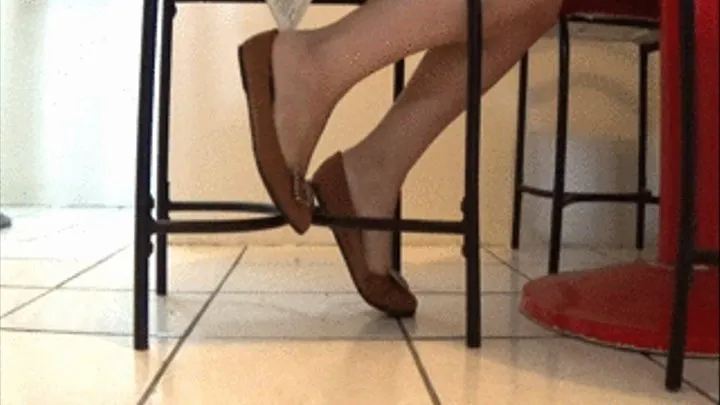 side view shoeplay with brown flats