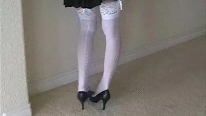 VORE Shoeplay ~ Black leather high heels & white stockings