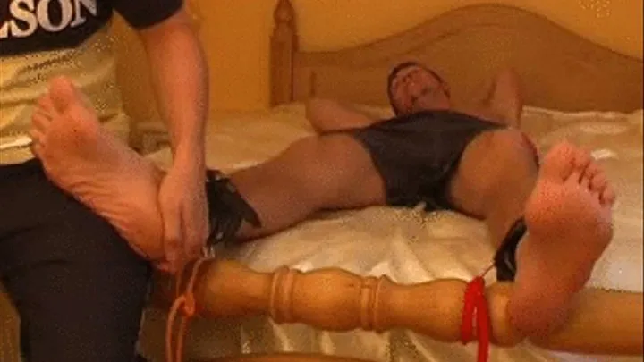 Shane Tied To The Bed Having His Feet Tickled With The Sonic Toothbrush