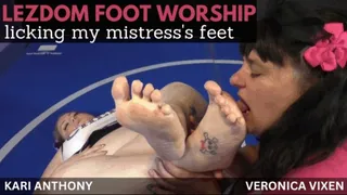 Lezdom Foot Worship: Licking My Mistress's Feet ft Kari Anthony and Veronica Vixen - A girl girl scene featuring: smelly socks, BBW feet, submissive female, soles, and foot fetish