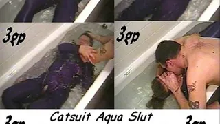 Catsuited aqua slut dunked and