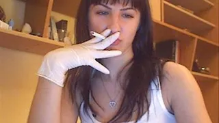 Smoking with white latex gloves on