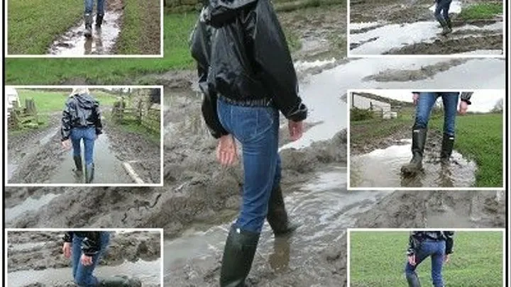 Muddy Winter Walk in Mac and Green Hunter Wellies